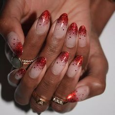 December Manicure, Sparkly French Manicure, Red Ombre Nails, Red Nails Glitter, Festive Nail Designs, Glitter French Manicure, Red Christmas Nails, Ombre Nails Glitter