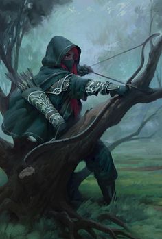 a painting of a person with a bow and arrow in the woods by some trees