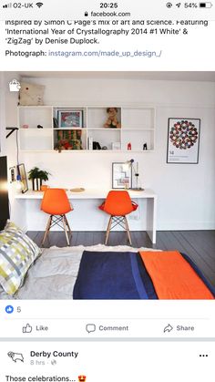 an instagram page with two orange chairs in front of a white desk and bookshelf