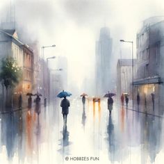 a painting of people walking in the rain with umbrellas