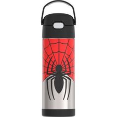 a water bottle with a spider - man design on it