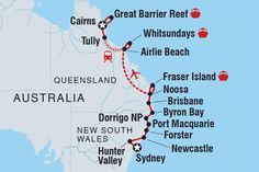 the route map for australia and new zealand with all its major destinations, including sydney