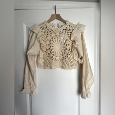 Nwt- Crochet Knit Top From Zara. Long Sleeve 100% Cotton Fall Crochet Top With Lace Trim, Beige Long Sleeve Crochet Top For Spring, Chic Cream Long Sleeve Crochet Top, Cream Cropped Sweater For Spring, Beige Crochet Top With Lace Trim For Fall, Beige Open Knit Cotton Sweater, Beige Cotton Sweater With Open Knit, Beige Cotton Open Knit Sweater, Beige Fitted Long Sleeve Crochet Top