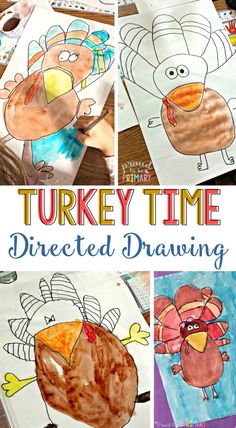 turkey time directed drawing activity for kids to learn how to draw and color with watercolors