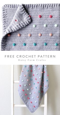 a crocheted blanket with colorful dots on it and the words free crochet pattern