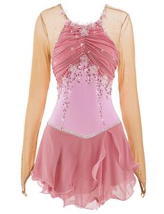 a women's dance leotard in pink and gold with sequins