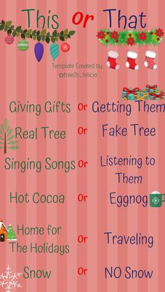 a poster with words on it that include christmas trees, gifts and other holiday items