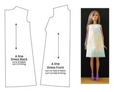 the front and back views of a doll's dress, with instructions for how to sew