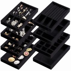 PRICES MAY VARY. Elsjoy 8 pack black jewelry trays include 18-compartment tray (2 pc), 1-compartment tray (2 pc), ring organizer tray (2 pc), necklace and bracelet tray (2 pc). Each measures 8.3"L x 5"W x 1"H. Sturdy Materials: Jewelry trays are made of high-quality composite board covered with velvet fabric. They protect your jewelry from damage with a sturdy and durable structure that feels soft to the touch. Easy Storage: Put these jewelry organizers on a dresser to display your fine collecti Number Jewelry, Jewelry Trays, Jewelry Tray Organizer, Composite Board, Ring Organizer, Tray Styling, Stackable Jewelry, Jewelry Organizers, Velvet Jewelry