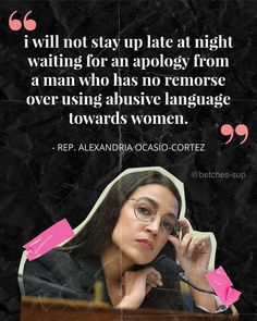 a woman talking on the phone in front of a microphone with a quote from rep alexandria costa - cortez