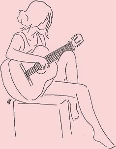 a drawing of a woman sitting on a stool playing an acoustic guitar with her legs crossed