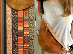 a woman holding a brown purse next to an orange and black striped wall with different patterns on it