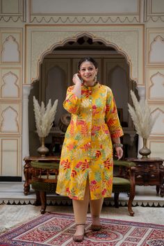 Designer Long Kurti,Festival Dress, Wedding Dress For Women, plus size indian wear | plus size indian clothes | plus size kurti for woman | Rayon Anarkali Kurta With Full Dupatta Beautiful Printed ■ SIZE CHART:- SIZE 3XL Bust: 46"  Waist: 44"  Hip: 50" SIZE 4XL Bust: 48"  Waist: 46"  Hip: 52" SIZE 5XL Bust: 50"  Waist: 48"  Hip: 54" SIZE 6XL Bust: 52"  Waist: 50"  Hip: 56" SIZE 7XL Bust: 54"  Waist: 52"  Hip: 58" ■ MODEL DETAILS: Model Height: 5.6 (She is wearing 3XL Kurta) ■ PACKET INCLUDES: 1 Plus Size Kurti Designs, Wedding Dress For Women, Kurti For Women, Kurta For Women, Clothes Plus Size, Long Kurti, A Line Kurta, Anarkali Kurta, Yellow Print