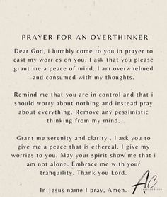 a poem written in black and white with the words prayer for an overthiker