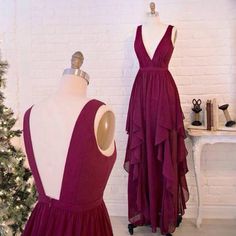 Sexy Long Chiffon Burgundy Prom Dresses,Deep V-neck Prom Dress,Open Back Evening Dresses,Simple Cheap Long Prom Gowns On Sale  Fabric:Chiffon  Hemline/Train:Floor-length  Back Detail:Zipper  Sleeve Length:sleeveless  Shown Color:Refer to image  Built-In Bra:yes  This is a Made-to-Order item. All colors and sizes are available and we start processing/tailoring the product after your order is received. For Custom Size, Please leave following measurement, leave your custom size, please read "How to Long Elegant Prom Dresses, Long Chiffon Evening Dress, Burgundy Prom Dresses, High Low Evening Dresses, Bridesmaid Gown Chiffon, Red Prom Dress Long, Red Evening Gowns, Modest Formal Dresses, Burgundy Prom