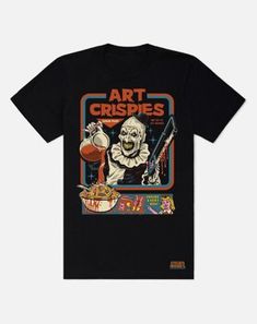 Add a terrifying new look to your casual outfit by adding this officially licensed Art Crispies Terrifier T Shirt to your casual wardrobe. This awesome graphic tee features the work of Steven Rhodes and is sure to have you looking and feeling cool in any setting. If you're a fan of The Terrifier then this tee is a must-have in your collection. Officially licensed Crewneck Short sleeves Material: Cotton Care: Machine wash; tumble dry low Imported This shirt is Unisex Sizing only For a fitted look The Terrifier, Horror Shirts, Art The Clown, Steven Rhodes, Horror Movie Shirts, The Clown, Movie Shirts, Hipster Fashion, Movie T Shirts