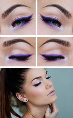 Purple Eyeliner Looks, Purple Eyeliner, Brunette Makeup, Purple Eye Makeup, Winter Makeup