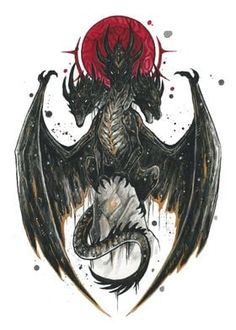 a black dragon with red eyes sitting on top of it's back and wings