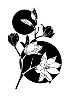 a black and white image of flowers on a branch with leaves in the center, against a white background