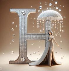 a woman holding an umbrella standing next to the letter e in front of bubbles and diamonds