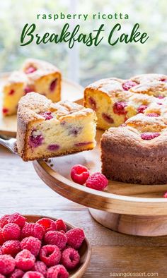 raspberry ricotta breakfast cake with fresh raspberries on the side and one slice missing