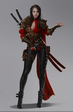 a woman dressed in red and black holding two swords with both hands, standing on a gray background