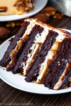 a slice of chocolate cake on a white plate