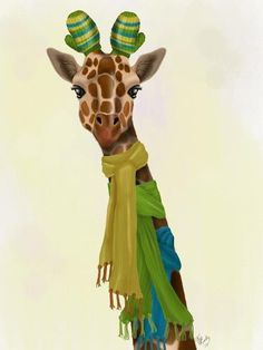 a painting of a giraffe wearing a green scarf and two hats on its head