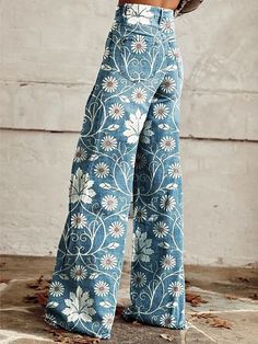 Women's Vintage Mermaid Art Print Casual Wide Leg Pants Water Pattern, Green Gradient, Vintage Mermaid, Casual Wide Leg Pants, Denim Patterns, Printed Wide Leg Pants, Mermaid Art, Women Pants Casual, Casual Elegance