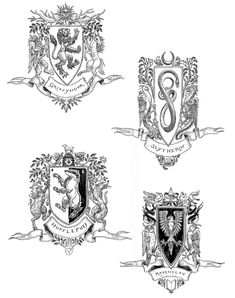 four different crests with the letter s and two lions on each one, all in black and white