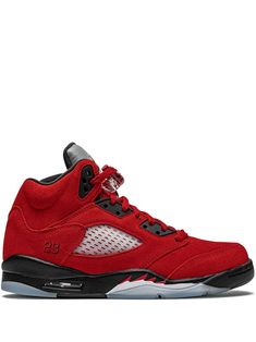 Varsity red/black leather/rubber Air Jordan 5 Retro “Raging Bull 2021" sneakers from JORDAN featuring round toe, flat rubber sole, branded insole, ankle-length, signature embroidered 23 logo, mesh panelling and signature shark teeth detailing. These styles are supplied by a premium sneaker marketplace. Stocking only the most sought-after footwear, they source and curate some of the most hard to find sneakers from around the world.. | Jordan Kids Air Jordan 5 Retro “Raging Bull 2021" sneakers Jordans Aesthetic, Crocs Boots, Designer Boys, Raging Bull, Jordan 5 Retro, Air Jordan 5 Retro, Air Jordan 5, Retro Sneakers, Jordan 5