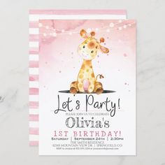 it's a girl giraffe baby shower party card with pink and white stripes