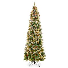 a christmas tree with lights and snow on the top is standing in front of a white background