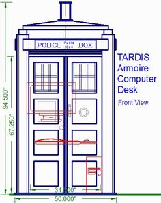 a drawing of a police box with the words tardiss and computer desk below it