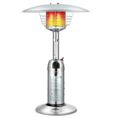 an outdoor patio heater is shown with the light on and red flame coming from it