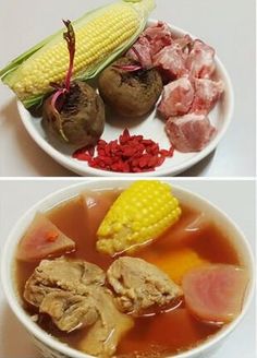 two bowls filled with meat and vegetables next to corn on the cob in broth