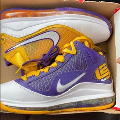 Lebron 7 Media Day Size 4y. (Youth) Yellow Sporty Basketball Sneakers, Yellow Sporty Sneakers For Basketball, Yellow Basketball Sneakers With Boost Midsole, Nike Yellow Basketball Shoes, Nike Yellow Basketball Shoes With Air Max Cushioning, Lebron 7, Media Day, Nike Yellow, Shoe Art