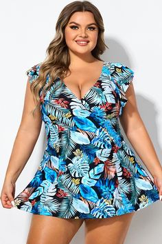 Leaf Print V-neckline Angel Sleeve Swimdress Chic V-neck Swim Dress For Beach, Lined V-neck Swim Dress For Beach, Lined V-neck Beach Dress, Spring V-neck Swim Dress For Beachwear, Printed V-neck Dress For Beach Season, Fitted V-neck Swim Dress For Vacation, Lined V-neck Mini Dress, Summer V-neck Lined Mini Dress, Blue V-neck Swim Dress For Beach Season