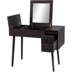 an image of a dressing table with mirror and drawers on the bottom shelf in black wood