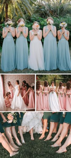 the bridesmaids are posing for pictures in their dresses