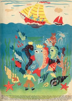 an old children's book with pictures of animals in the ocean and boats on the water