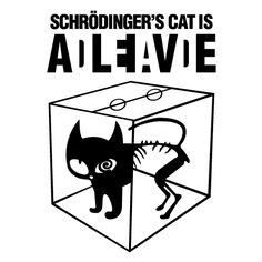 a black and white shower curtain with an image of a cat in a box that says schrodinger's cat is alive