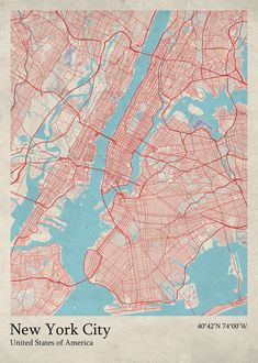 a map of the new york city, with red lines and blue water in the background