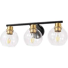 three light bathroom fixture with glass globes and black metal finish, on an isolated white background