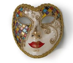 "The shape of this Venetian Mask remembers an heart and it covers the whole face. This traditional Venetian mask shape is called \"Cuore mask\". This mask remember Harlequin for the decoration style of the Heart Size: one size It is a traditional and original papier-mache Venetian mask, handmade and decorated with trimmings, stucco and acrylics. All our masks are handmade papier-machè masks made in Venice. Our decorators use techniques typical of the Venetian tradition such as stucco, acrylics, Volto Mask, Diy Masquerade, Harlequin Mask, Art Masks, Venice Mask, Ceramic Mask, Theatre Masks, Mask Shapes, Harlequin Pattern