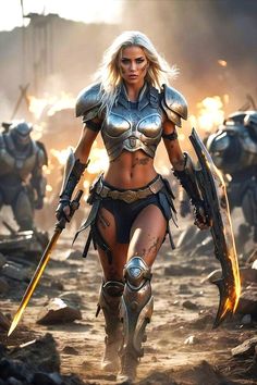 a woman dressed in armor and holding two swords walking through the dirt with other people behind her