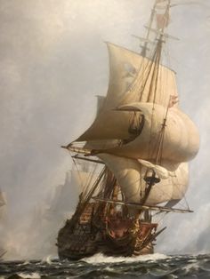 a painting of a ship in the ocean with other ships on it's side