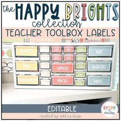 Teacher Toolbox in bright colors to organize all small materials such as paper clips, markers, pens, etc. Brights Classroom Decor, Calm Classroom, Teacher Toolbox Labels, Elementary School Classroom, Classroom Decor Themes, Classroom Labels, Teacher Toolbox, Teacher Desk, High School Classroom