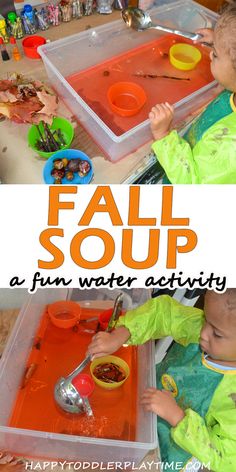 two children playing with water and spoons in an orange plastic tray that says fall soup