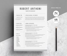 a clean and modern resume template on a marble surface with pencils next to it